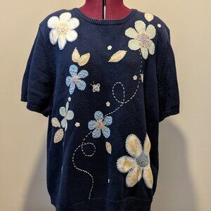 Vintage Alfred Dunner Knit Top – Blue Intarsia Floral Butterfly Sequin – Size La